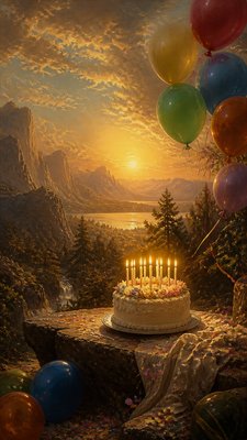a birthday cake with lit candles surrounded by balloons and confetti, festive vertical composition, no text