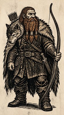 full-body original character: a dwarven ranger with a braided auburn beard, worn leather armor, a longbow and a wolf-pelt cloak, neutral background, no text