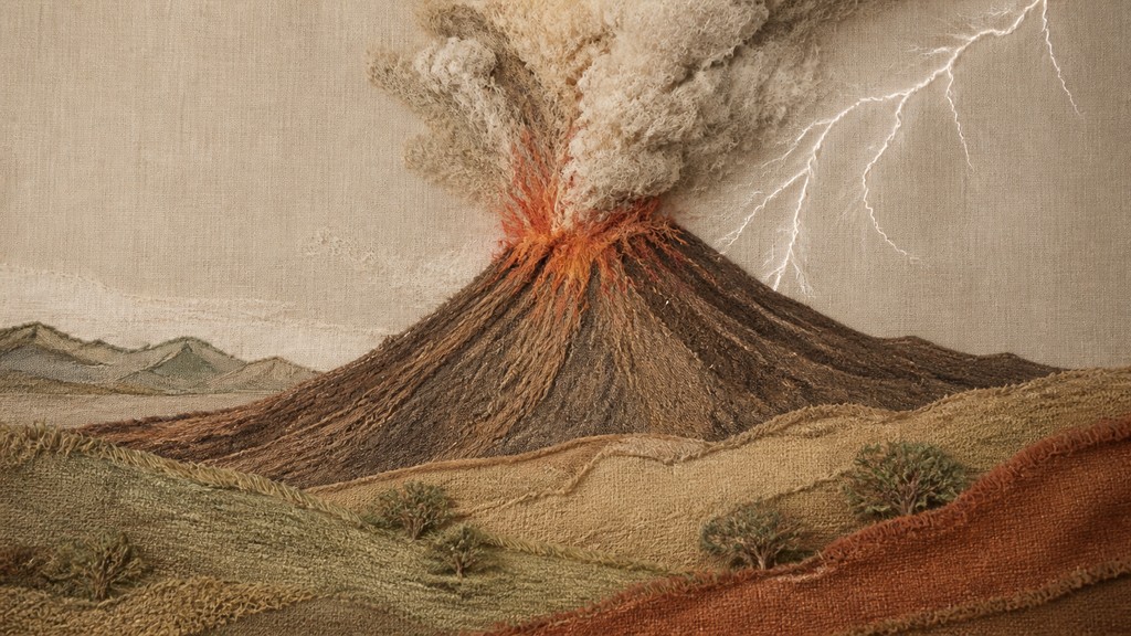an erupting volcano with lightning strikes, dramatic wide composition, no text