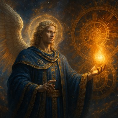 "Uriel, the Angel of Light and Wisdom from the Book of Enoch, a majestic celestial guide, standing amidst swirling cosmic dust and ethereal nebulae. His form radiates intense, pure light. He gestures towards a hidden cosmic mechanism, revealing ancient knowledge, holding a flaming orb of pure light. Robes of deep sapphire blue and radiant gold, adorned with ancient symbols. Serene, knowing face, eyes glimmering with cosmic insight. Behind him, celestial gears and the fiery essence of the sun. Hyperrealistic digital painting, divine luminosity, epic detailed, cinematic lighting, cosmic gradients."
