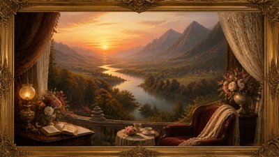 a vast valley with a river winding toward distant mountains at sunrise, no people, no text