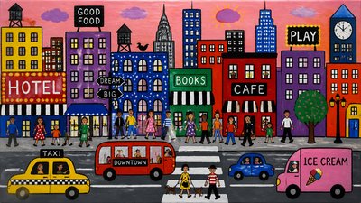 bustling city street panorama at dusk