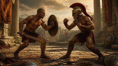 a scene of two men fighting in a roman city