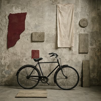 bicyle resting against a wall