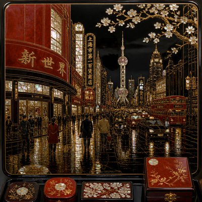 urban street with city activity — Lacquer Art Style