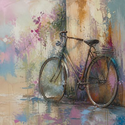 bicyle resting against a wall