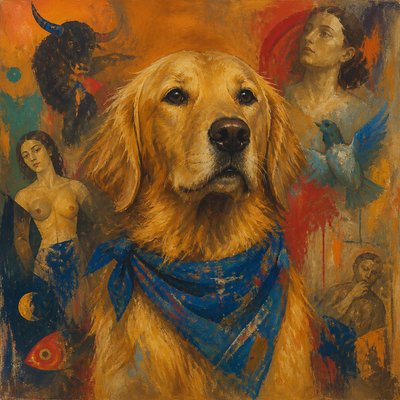 portrait of a golden retriever wearing a blue bandana, warm plain backdrop, no text