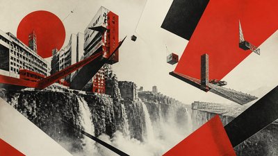 a cliffside city with waterfalls cascading into a misty canyon, wide establishing shot, no people, no text