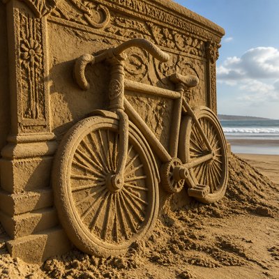 bicyle resting against a wall — Sand Sculpture Style