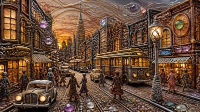 bustling city street panorama at dusk