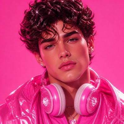 head-and-shoulders portrait of an original character: a young man with curly dark hair and headphones around his neck, plain backdrop, no text