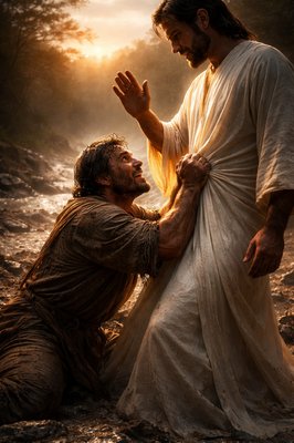A high-resolution, photorealistic cinematic photograph captures the intense, desperate interaction from Genesis 32:29, set on a rugged, muddy river plain at the precise break of day (sunrise). The two powerful male figures are in a tense, deadlock, illuminated by dramatic chiaroscuro lighting. Jacob, a weathered, muscular patriarch, is physically clinging to the other figure with white-knuckled desperation, his left hand burying itself deep, grasping and twisting a thick portion of the 'man's' luminous tunic, refusing to let go, his face contorted in pleading intensity. The 'Man' (a powerful male Christophany, not a female angel) stands composed and towering, looking down with a compassionate yet regal expression, one hand raised to bless Jacob, while allowing Jacob to hold his luminous clothing. Long shadows are cast, and intricate leather, woven fabric, sweat, and the 'man's' luminous texture are highly detailed. No text or letters are visible on screen.

