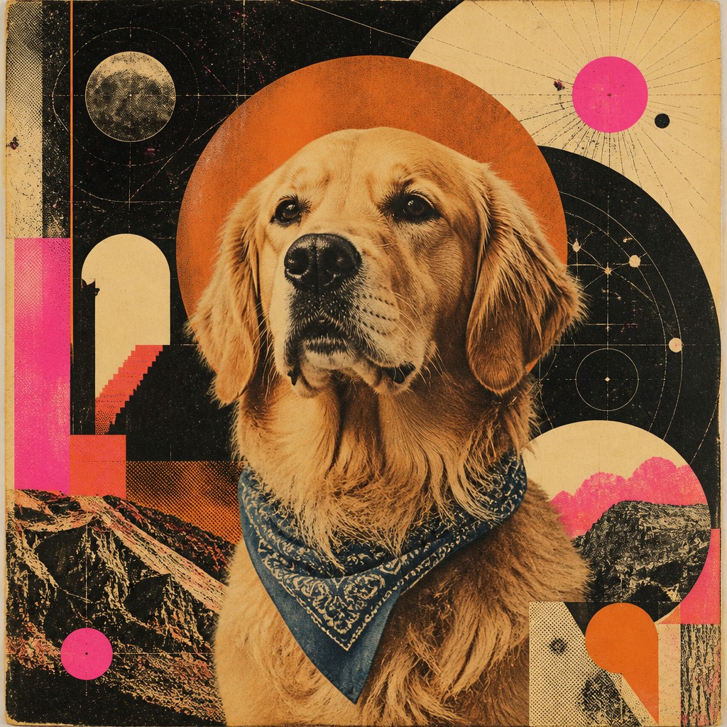 portrait of a golden retriever wearing a blue bandana, warm plain backdrop, no text