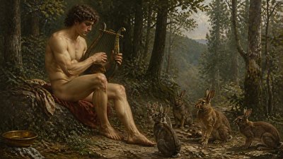 a seated ignudi lyre player enchants forest rabbits 