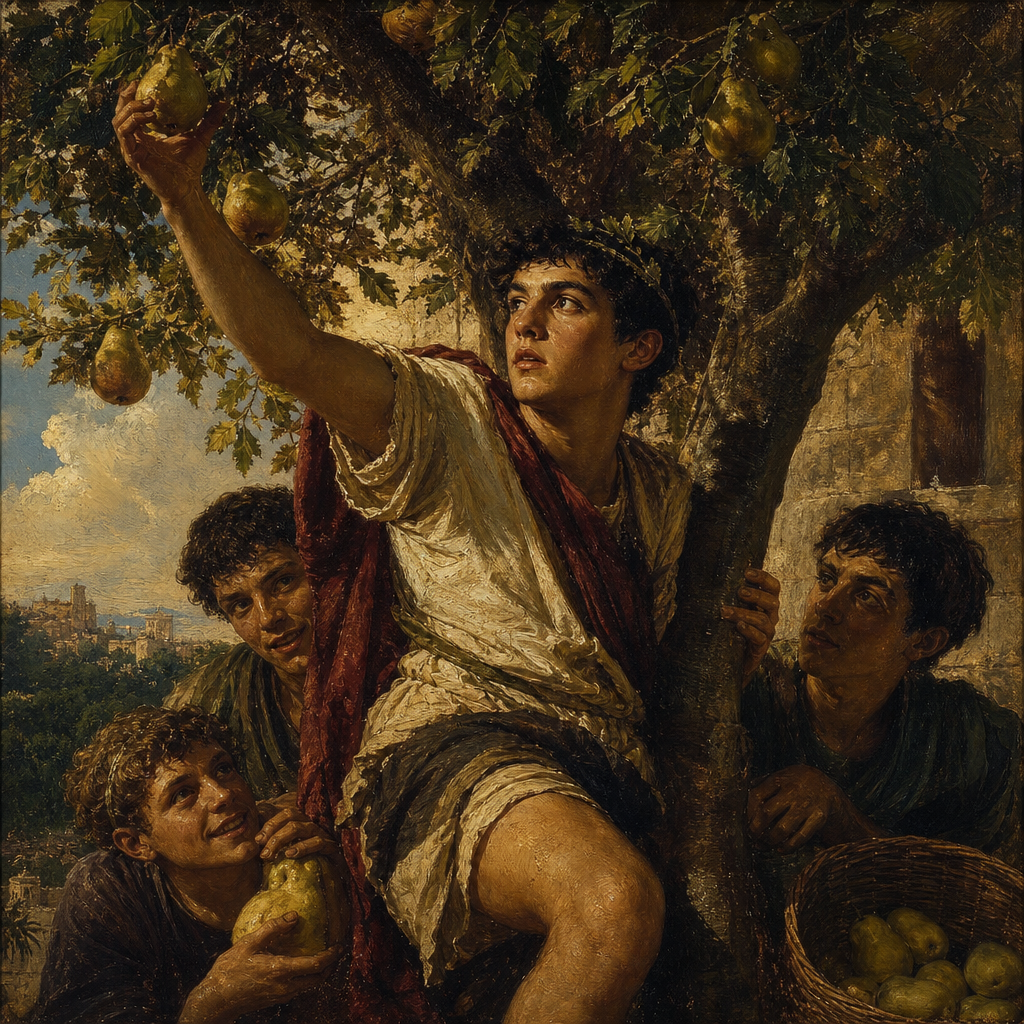 Augustine of Hippo in his teenage years stealing pears from a tree with a group of his friends