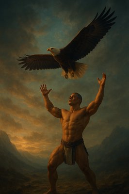 a painting of a man with an eagle on his shoulders
