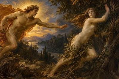 ancient greek Apollo pursues fleeing Daphne without clothes