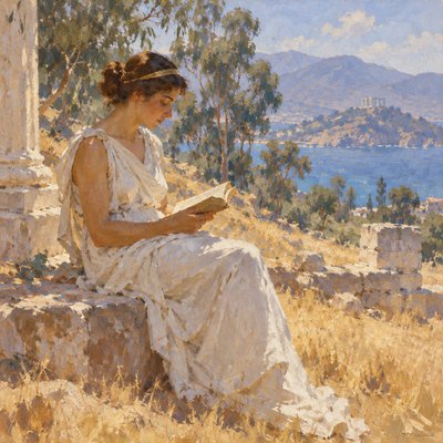 ancient greek woman dressed in white reads outdoors
