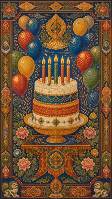 a birthday cake with lit candles surrounded by balloons and confetti, festive vertical composition, no text