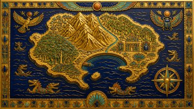 a map of an island realm with mountains, forests, a sheltered bay, sea monsters in the water and a compass rose, no text labels
