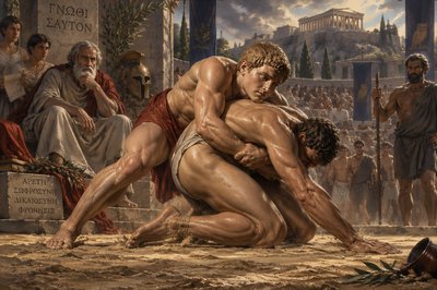 a painting of two men wrestling in front of a crowd of people