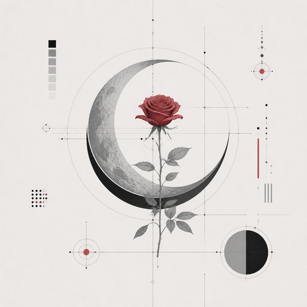 a rose entwined with a crescent moon, clean balanced composition on a plain background, no text
