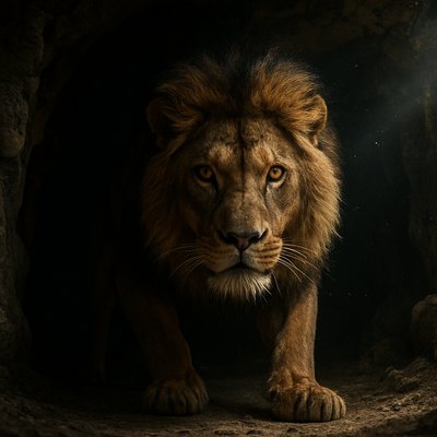 A majestic lion, eyes gleaming with predatory intensity, crouches low in a shadowy, ancient cave. Its powerful muscles are tensed, ready to spring. Dust motes dance in slivers of light piercing the cavern. The atmosphere is tense and expectant. Photorealistic, cinematic lighting, deep shadows, natural textures, dramatic perspective.