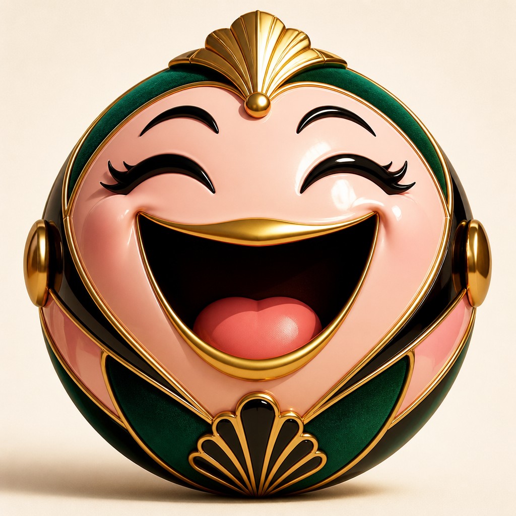 an exaggerated laughing face of an original round mascot character, bold and readable at small size, plain background, no text