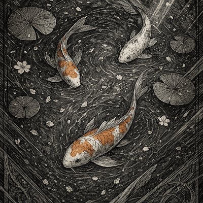 A koi pond seen from above, orange and white koi fish swimming among lily pads, clear water with subtle ripples, fallen cherry blossom petals floating on the surface, dappled sunlight