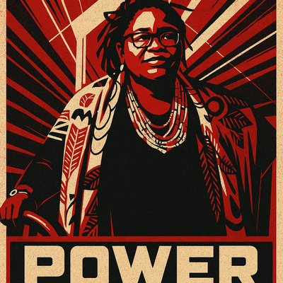 a poster of a black woman with a red background