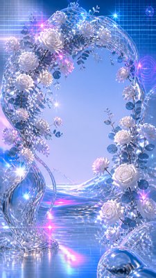 an arch of white roses and eucalyptus in soft morning light, elegant vertical composition with open space, no text