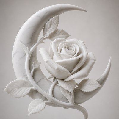 a rose entwined with a crescent moon, clean balanced composition on a plain background, no text