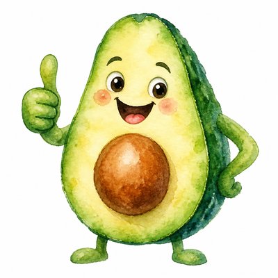 a happy avocado character giving a thumbs up, bold readable design on a plain background, no text