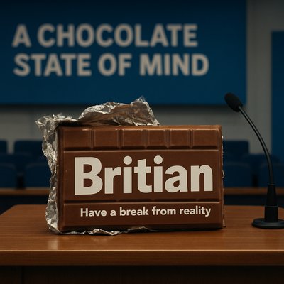 Image Brief — “Britian. A Chocolate State of Mind.” (Landscape / Conference Hall)

Visual Concept:
A photographic, data-style image capturing the absurdity of corporate branding and political satire. The chocolate bar spelling “Britian” is the central focus. The scene is staged in a conference hall, emphasizing the formal-but-absurd atmosphere of a high-profile political event.

Core Elements:
	•	Chocolate bar front and center, wrapper crumpled, spelling clearly visible.
	•	Backdrop / environment: realistic conference hall — lectern in the frame, faint rows of seating or stage elements, subtle signs of a political event. No office props.
	•	Palette: predominantly blue tones (lighting, hall décor, banners), with small Tory-signifier accents (navy, subtle red) to hint at political context.
	•	Orientation: landscape (wide) — must match the style and aspect ratio of other blog images.
	•	Lighting / style: naturalistic photography; soft, realistic shadows; slightly moody, surreal undertone; no cartoonish or illustrative effects.
	•	Mood / atmosphere: dry, ironic, subtly surreal — visually echoing Tom Kite’s sardonic, satirical voice.

Typography (optional):
Small text on wrapper: “Have a break from reality” in clean, bold type, integrated naturally into the photographic scene.

Use / Context:
	•	Featured image for blog post “Britian. A Chocolate State of Mind.”
	•	Must work as both thumbnail and full-size blog header.
	•	Maintain photographic, slightly surreal style consistent with other blog imagery

Inspiration is Hannah Hoch, Jean-Michel Basquiat, John Stezaker