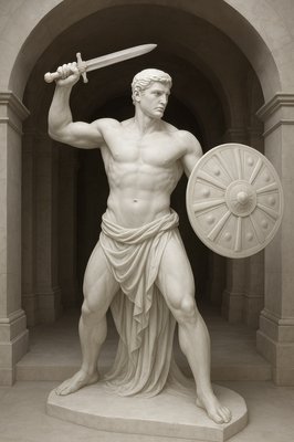 a statue of a man holding a sword and shield