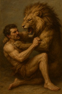 a painting of a man wrestling with a lion