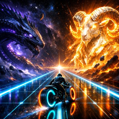 Neon-Futurism Digital Art Style, Bioluminescent Sci-Fi Cosmic Setting, High-Contrast Composition. A wide, cinematic view looking down the infinite highway.

The Rider & Bike Consistency: The lone motorcyclist—in the signature sleek, armored suit and helmet—is speeding forward on the hubless "light-cycle" sportbike. The cyan and orange neon rings of the wheels cast a sharp glow on the road surface as the rider leans forward for maximum speed.

The Path (The Ecliptic Divide): The glowing blue laser-grid highway acts as a clear boundary line, cutting a straight path through a turbulent sector of space.

The Aries Presence (The Right): To the right of the highway towers the colossal, majestic Aries. The ram is a construct of burning white-gold energy and crystalline horns. Its form is noble and steady, radiating a protective, warrior-like light across the path.

The Leviathan Presence (The Left): To the left of the highway, emerging from a dark, swirling indigo nebula, is the massive, mysterious Leviathan. It is a serpentine cosmic entity made of obsidian scales and deep violet bioluminescence, representing the vast unknown of the deep cosmos.

The Action: The rider is perfectly centered between these two titanic forces, representing the balance of courage as they move toward the next horizon.

Atmosphere: A "clash of lights" where the warm gold of the Ram meets the cool violets of the Leviathan, with the rider’s cyan bike acting as the bridge between them.