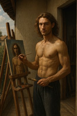 a painting of a shirtless man holding a paintbrush