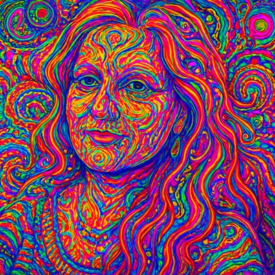 a woman's face with colorful swirls in the background