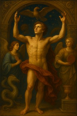 a painting of a naked man surrounded by angels