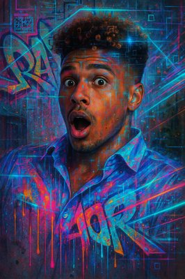 a painting of a man making a surprised face