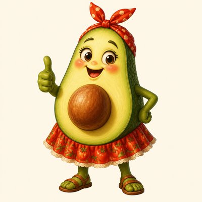 a happy avocado character giving a thumbs up, bold readable design on a plain background, no text