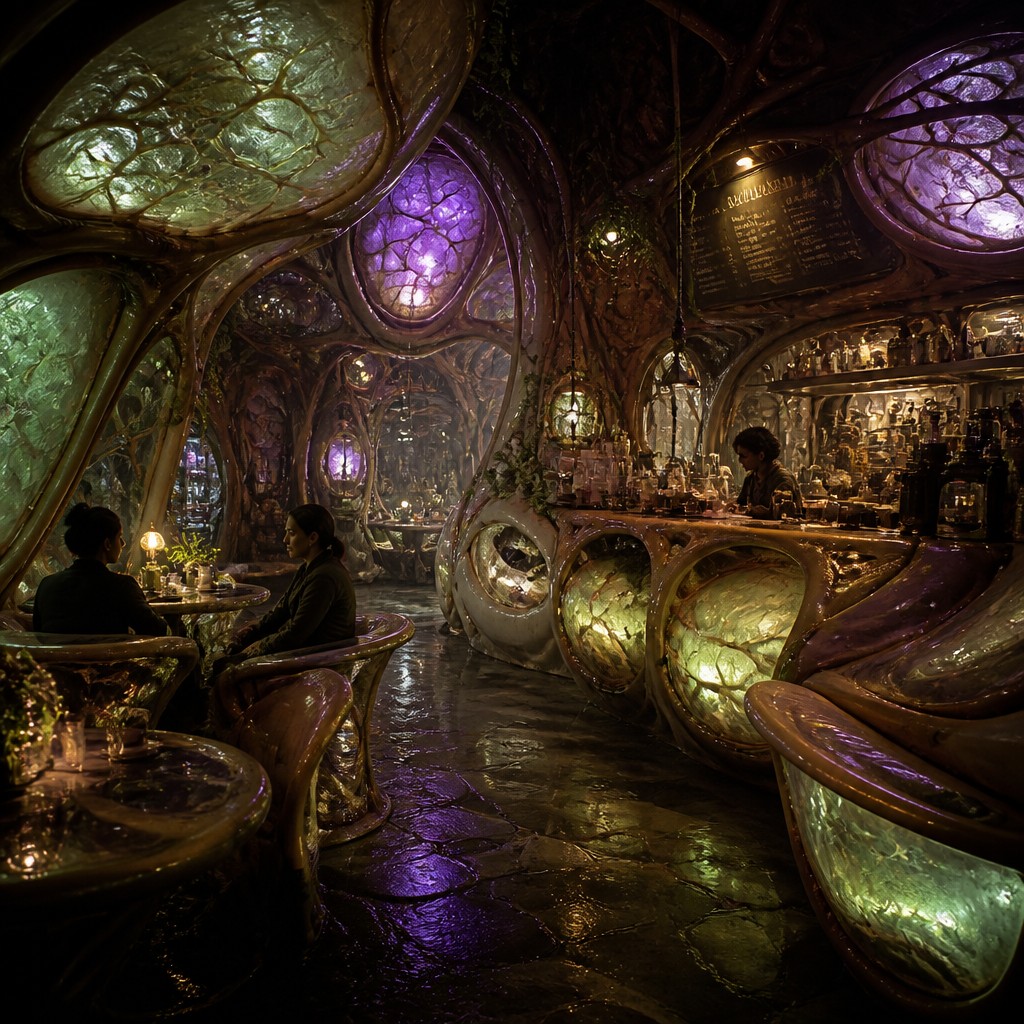 cozy cafe interior with warm lighting