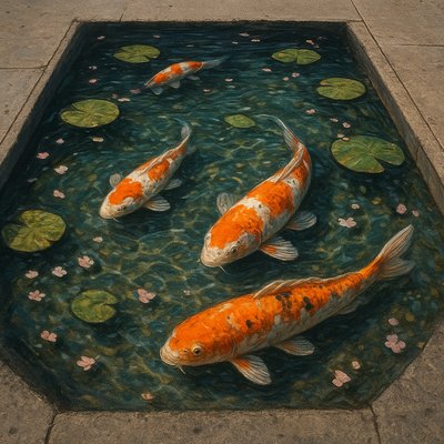 A koi pond seen from above, orange and white koi fish swimming among lily pads, clear water with subtle ripples, fallen cherry blossom petals floating on the surface, dappled sunlight