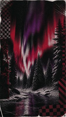 a snowy pine forest under the northern lights, no people
