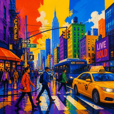 urban street with city activity — Triadic Colors Art Style