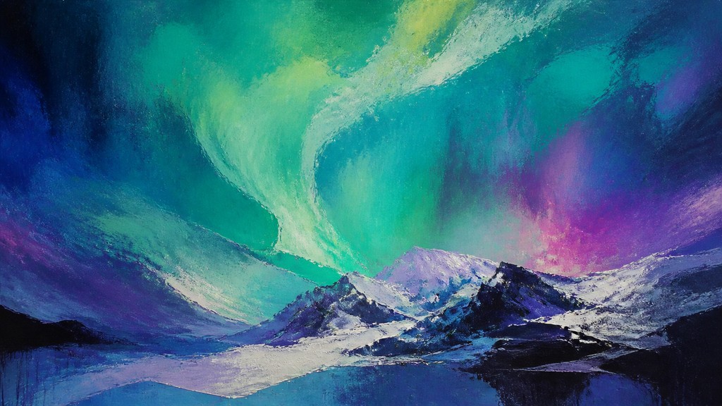 a flowing aurora over snowy peaks, wide sweeping composition, no people, no text