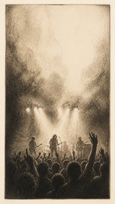 a live music scene with a glowing stage and silhouetted crowd, energetic vertical composition with open space at the top, no text