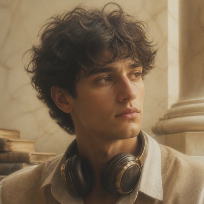 head-and-shoulders portrait of an original character: a young man with curly dark hair and headphones around his neck, plain backdrop, no text