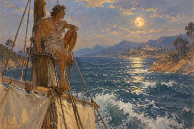 ancient greek athlete sitting on mast head post with waves beating on the boat in the moonlight evening